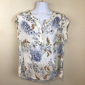 daniel rainn White Floral Print Sheer Loose Fit Blouse Shirt